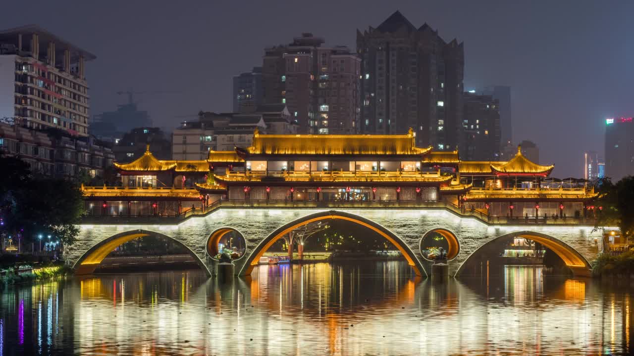 成都安顺大桥和锦江在夜间时间流逝视频素材