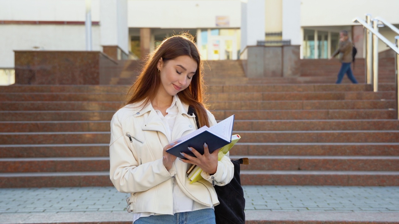 年轻的女学生正在学院大楼附近看书。女孩正在大学校园里学习，准备考试。教育的概念。高中生活方式视频素材