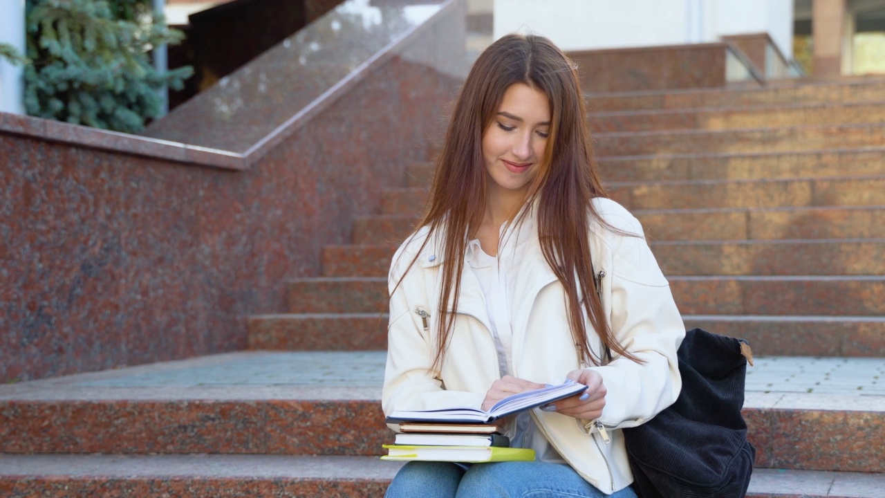 一个年轻的女学生坐在大学校园的楼梯上看书视频素材