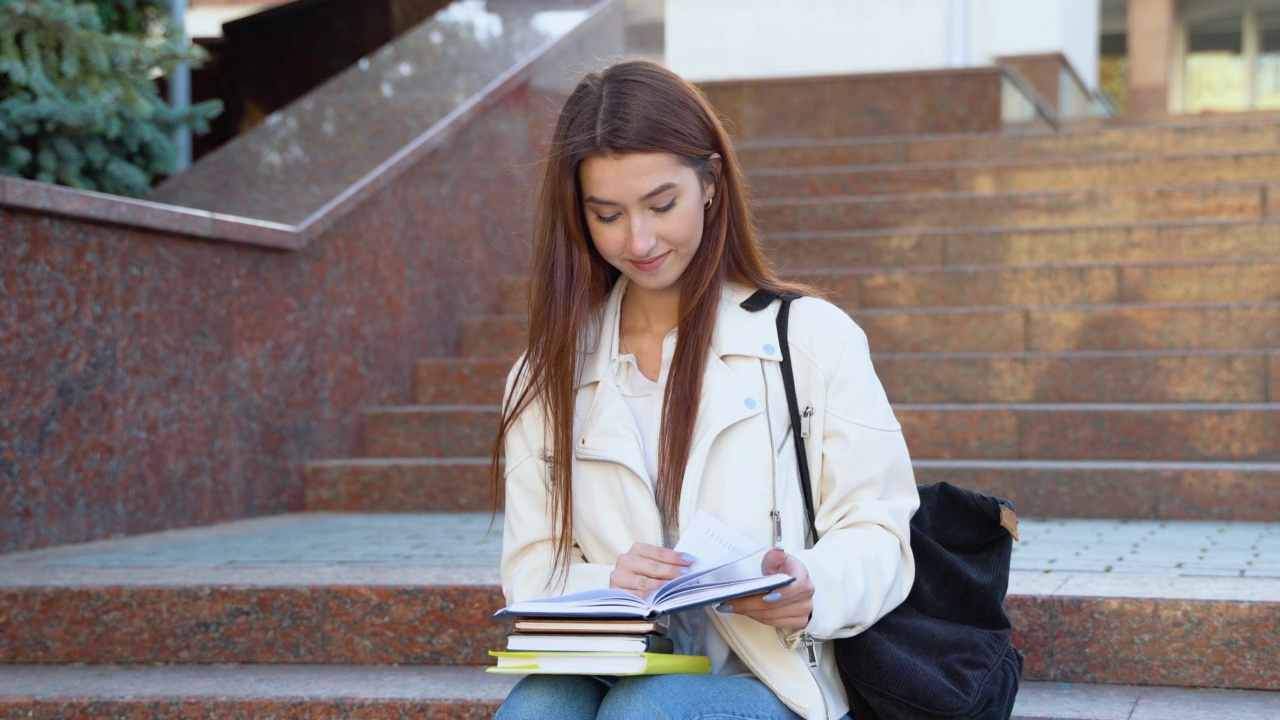 年轻的女学生正在学院大楼附近看书。女孩正在大学校园里学习，准备考试。教育的概念。高中生活方式视频素材