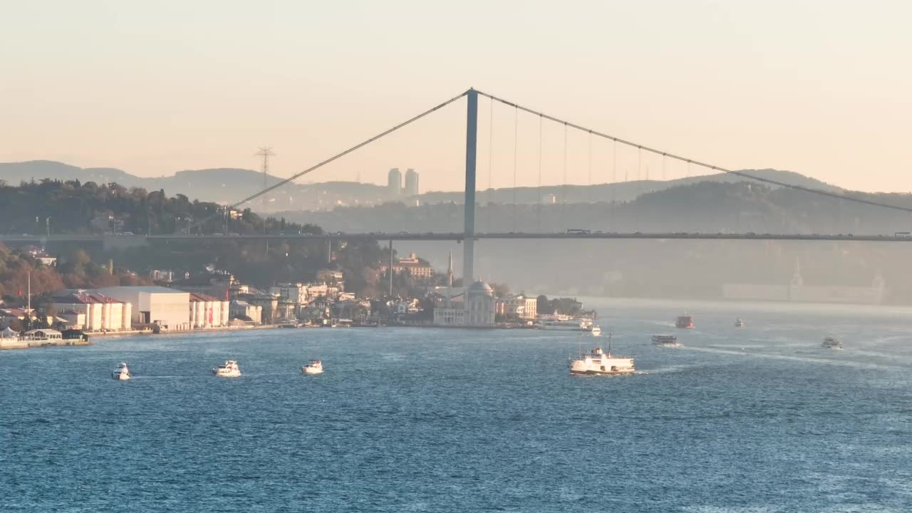 伊斯坦布尔博斯普鲁斯大桥鸟瞰图，伊斯坦布尔市景，土耳其无人机4K视频，鸟瞰图，土耳其背景视频素材