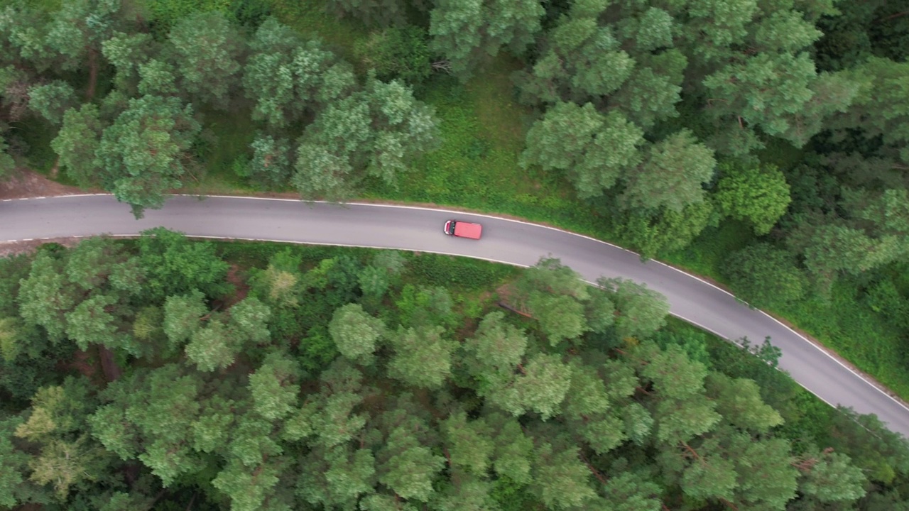 快递运输服务。航拍红色面包车行驶在穿过广阔森林的柏油路上，夏日。航拍的汽车行驶在松树林的道路上。风景优美的风景。视频素材