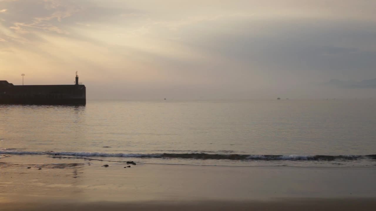 日出时平静的雾蒙蒙的海滩。海鸥游，天边朦胧。安静的场景。放松视频下载