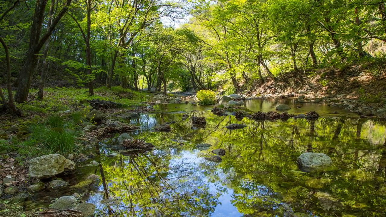 自然风光-山谷和岩石中的水反射/韩国江原道洪川郡视频素材