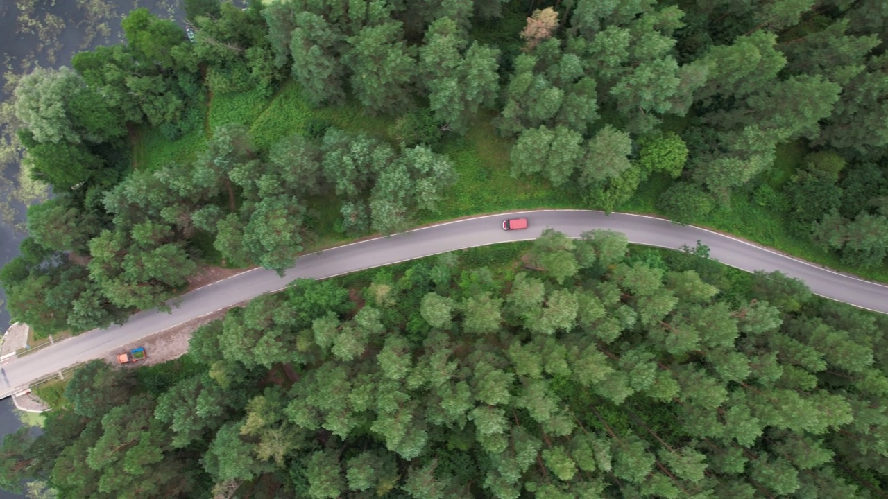 快递运输服务。鸟瞰图红色货车行驶在柏油路穿越广阔的森林在夏日。航拍汽车行驶在松树林中的道路。风景优美的风景。视频素材