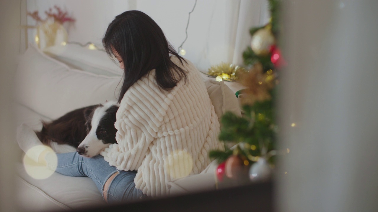 一名女子在家里和狗狗玩耍，庆祝圣诞节和新年视频素材