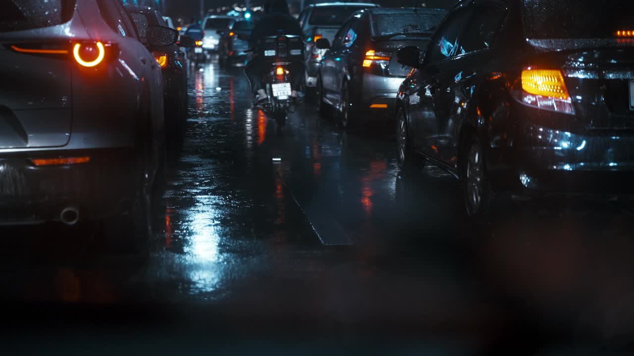 下雨天，交通道路上挤满了许多汽车。视频素材