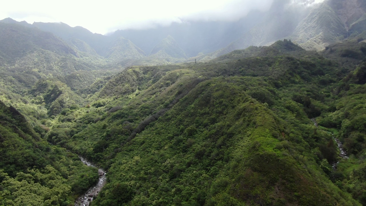 Iao山谷和流经山谷的河流的壮观景色。视频素材