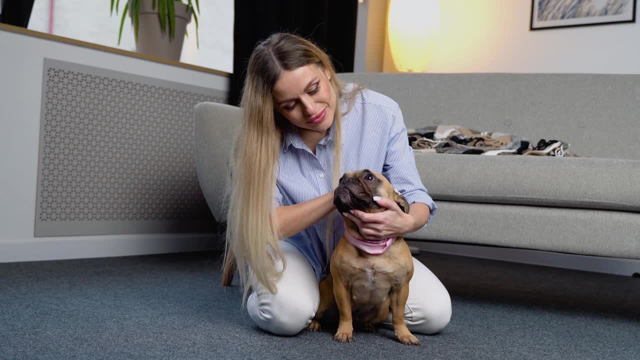 年轻女子和她可爱的法国斗牛犬在家里视频素材