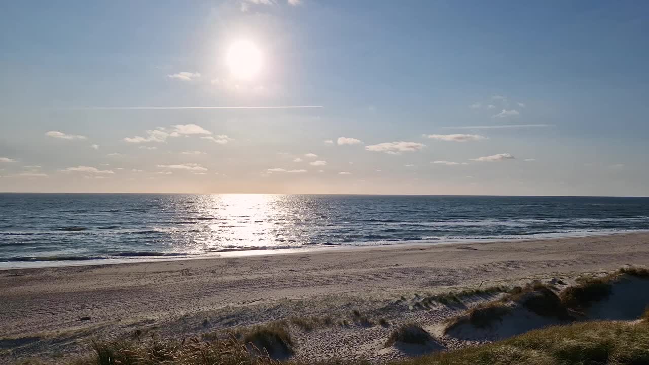 日落时分的海滩，海浪起伏，碧绿的草地随风飘扬，天空湛蓝。视频素材