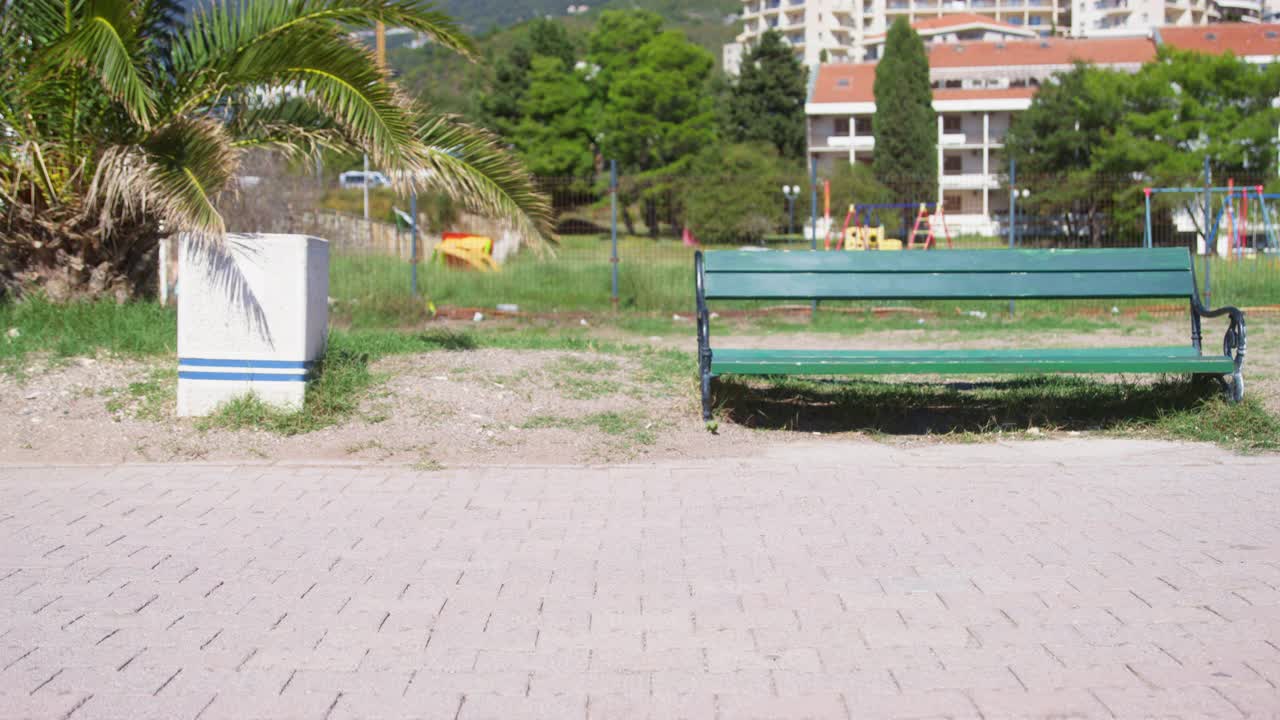 小狗小学生背着校服背包沿着人行道长椅棕绿色的树奔跑视频素材