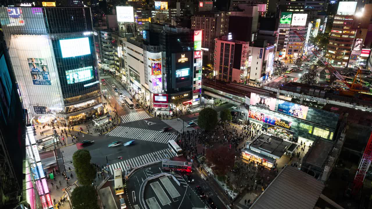 夜间时间流逝的汽车交通运输，拥挤的人走在涩谷路口的十字路口争抢。东京旅游景点地标，日本旅游，亚洲交通或亚洲城市生活理念视频素材