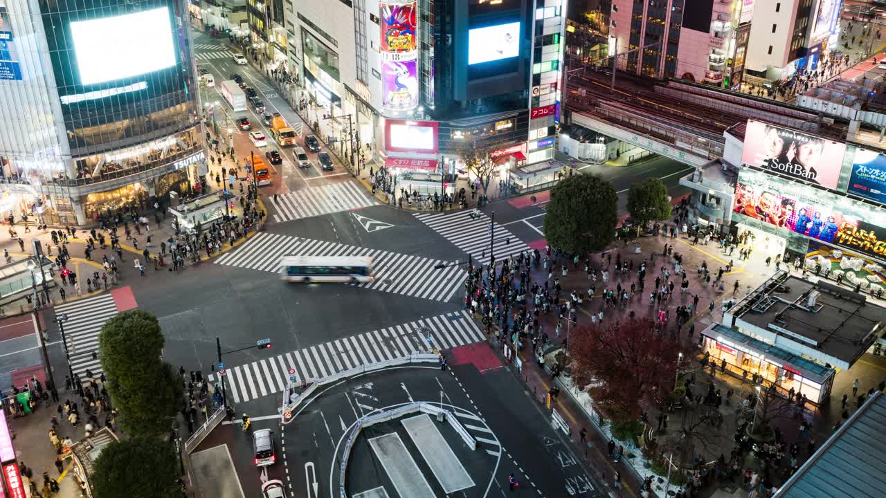 夜间时间流逝的汽车交通运输，拥挤的人走在涩谷路口的十字路口争抢。东京旅游景点地标，日本旅游，亚洲交通或亚洲城市生活理念视频素材