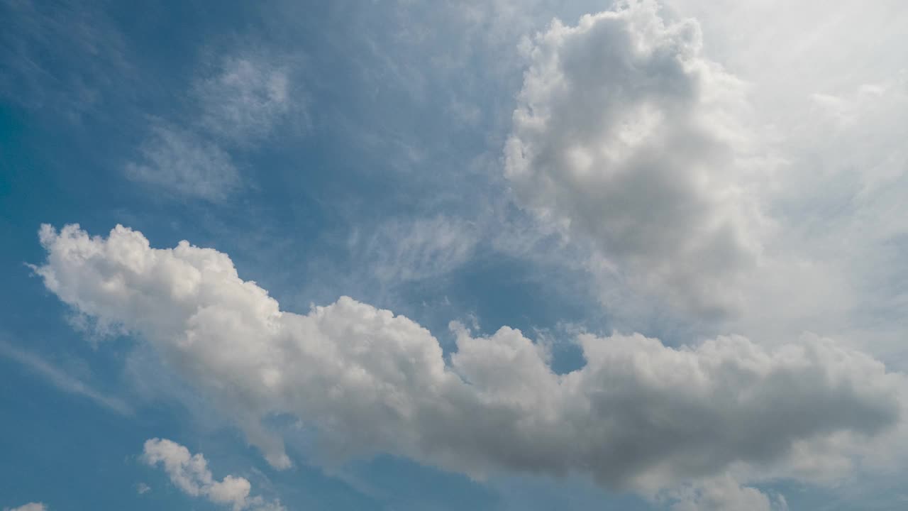 时光流逝蓝色的天空，蓬松的白云在夏天明亮清晰的天际线与美丽的云景。时光流逝全景蓝天云天在日光下复制空间。云景晴天。视频素材