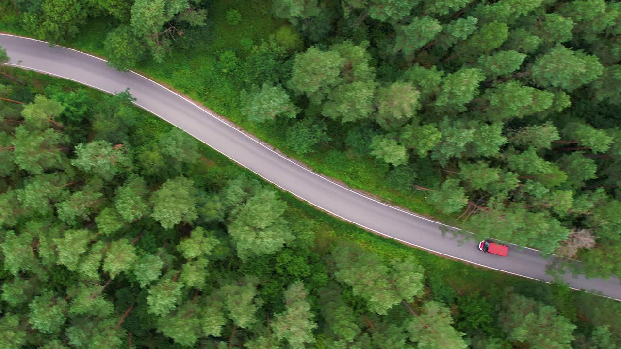 航拍红色汽车行驶在松树林中的道路上。森林自驾游。夏日风光。鸟瞰图红色汽车行驶在柏油路穿越广阔的森林在夏日。视频素材