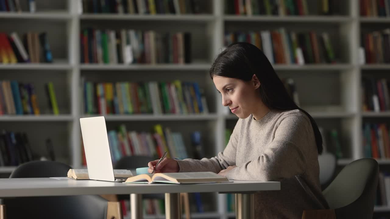 有吸引力的专注的学生女孩准备会议在图书馆视频素材