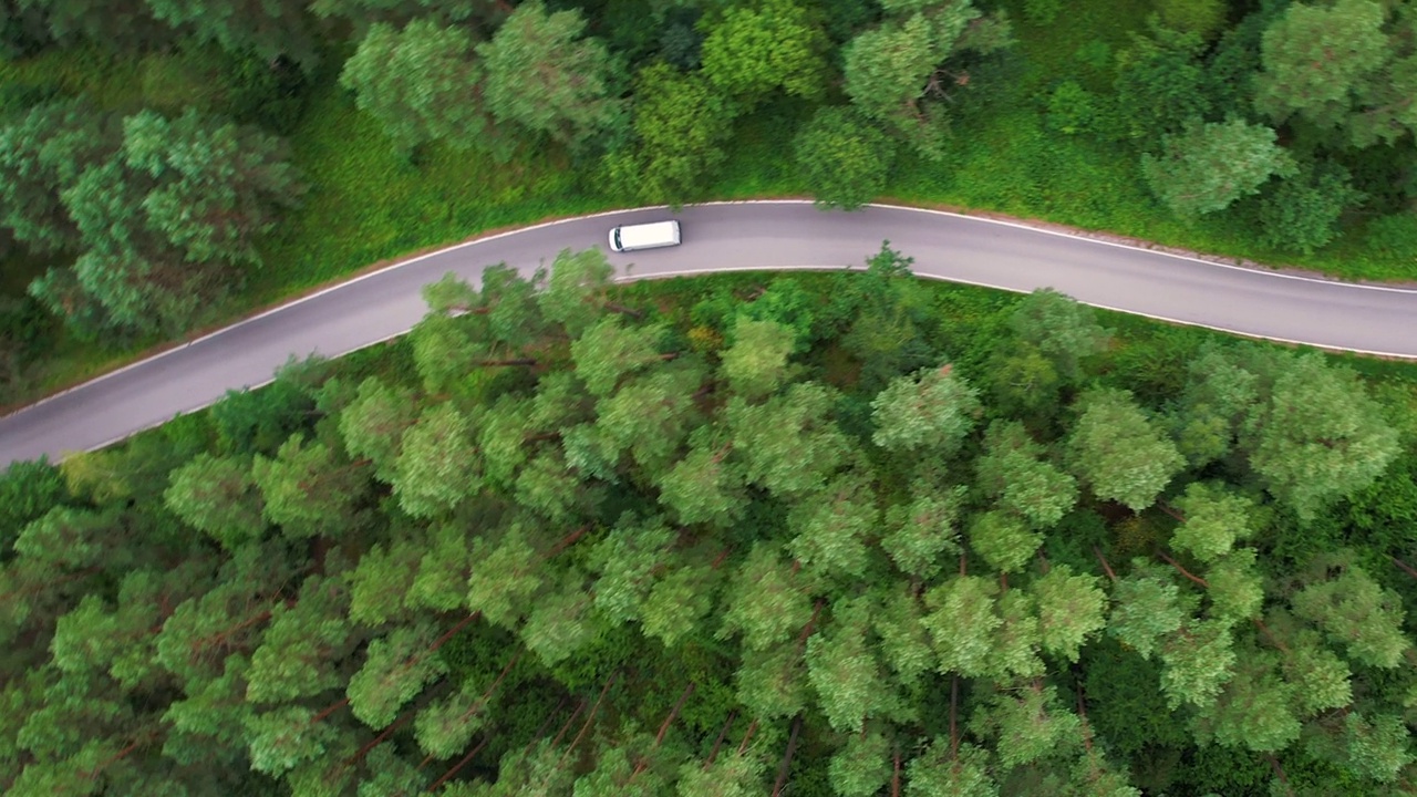 航拍红色汽车行驶在松树林中的道路上。森林自驾游。夏日风光。鸟瞰图红色汽车行驶在柏油路穿越广阔的森林在夏日。视频素材