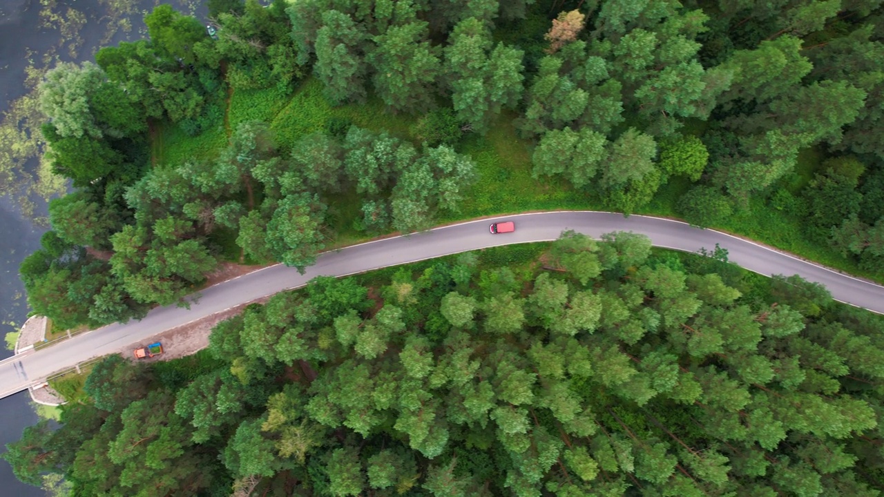 航拍汽车行驶在松树林中的道路。风景优美的风景。快递运输服务。鸟瞰图红色货车行驶在柏油路穿越广阔的森林在夏日。视频素材