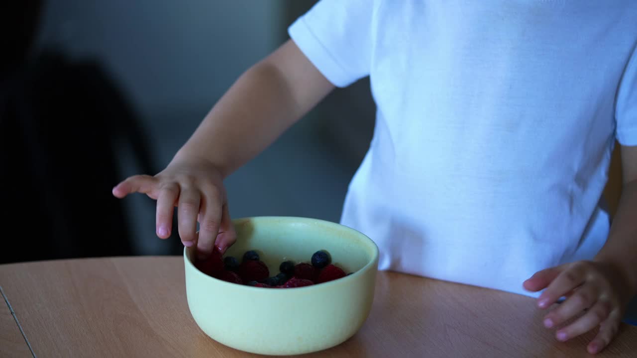 一个小男孩用手指吃覆盆子。孩子吃健康零食视频素材