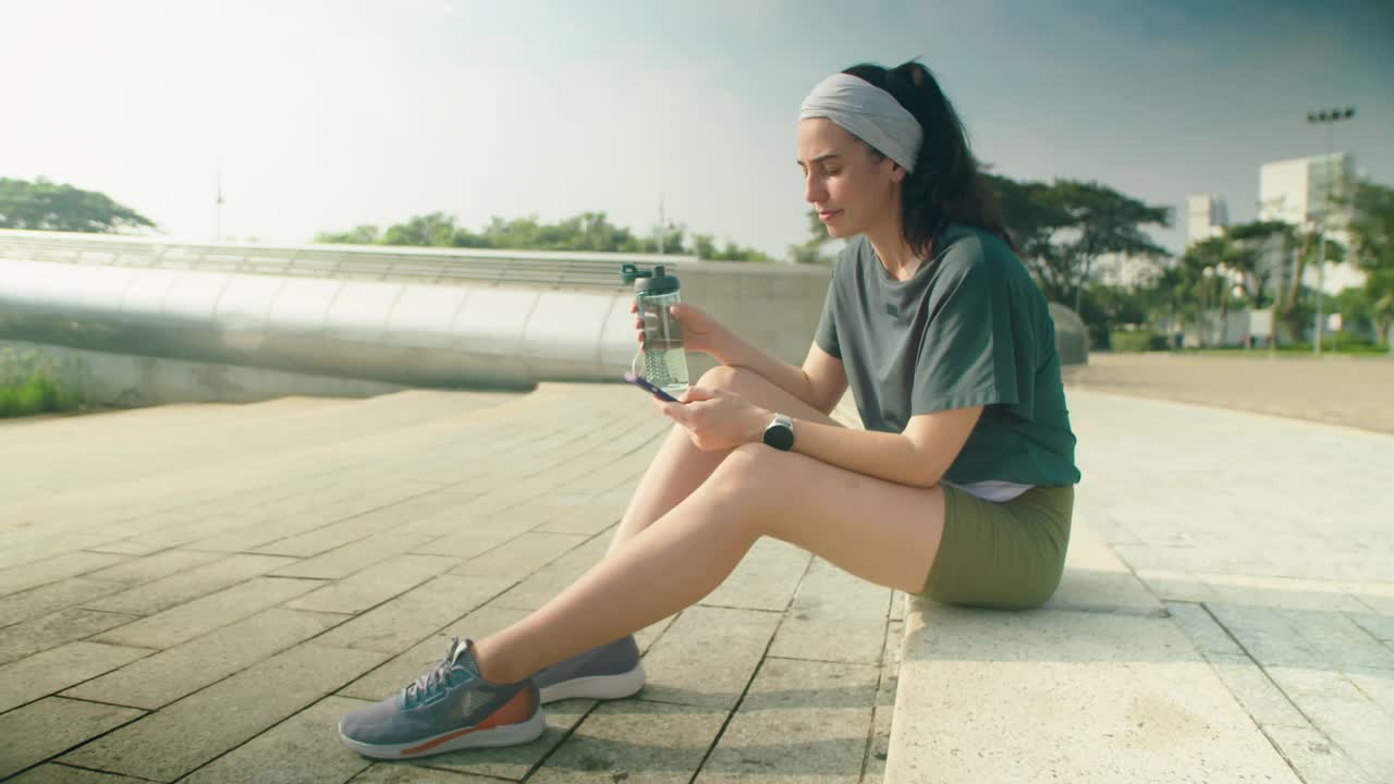 女子晨跑后喝水和打电话视频素材