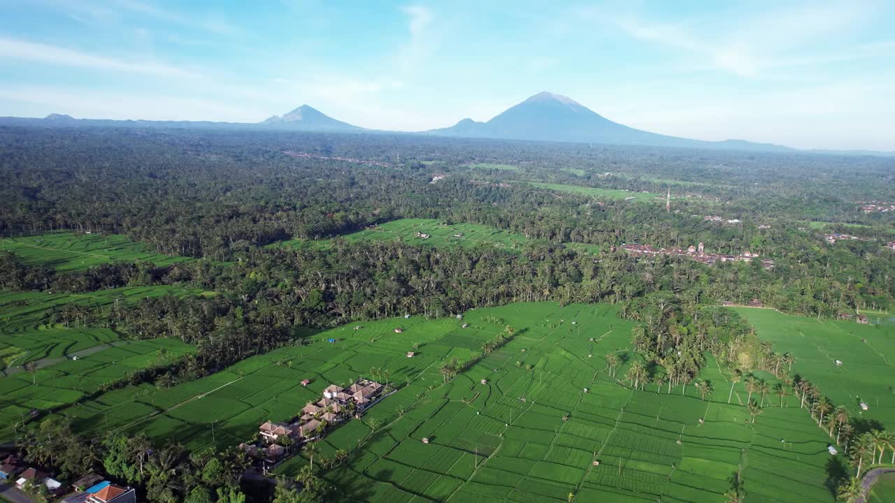 巴厘岛的中心区域是巨大的古老火山的轻微斜坡，鸟瞰图视频素材