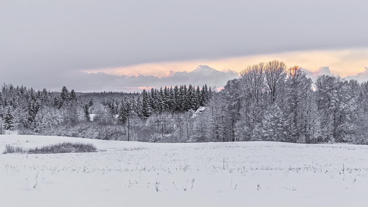 霜冻的森林被白雪覆盖，彩色的黄昏天空与云，时间流逝视频素材