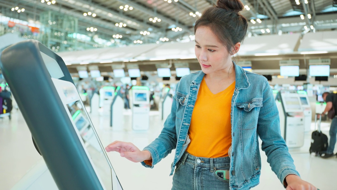 亚洲年轻女旅客在机场候机楼柜台办理登机手续。迷人美丽的女游客朋友心情愉快，兴奋地乘飞机出国旅游度假旅行视频素材