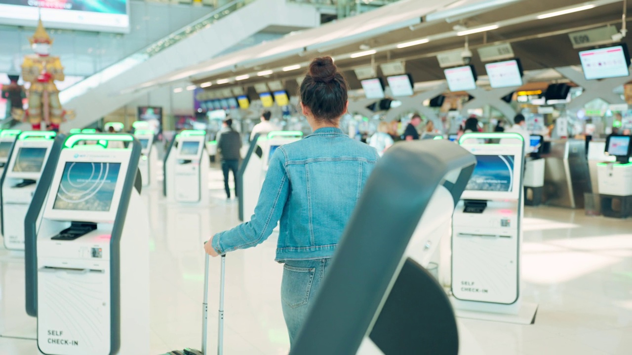 亚洲年轻女旅客在机场候机楼柜台办理登机手续。迷人美丽的女游客朋友心情愉快，兴奋地乘飞机出国旅游度假旅行视频素材