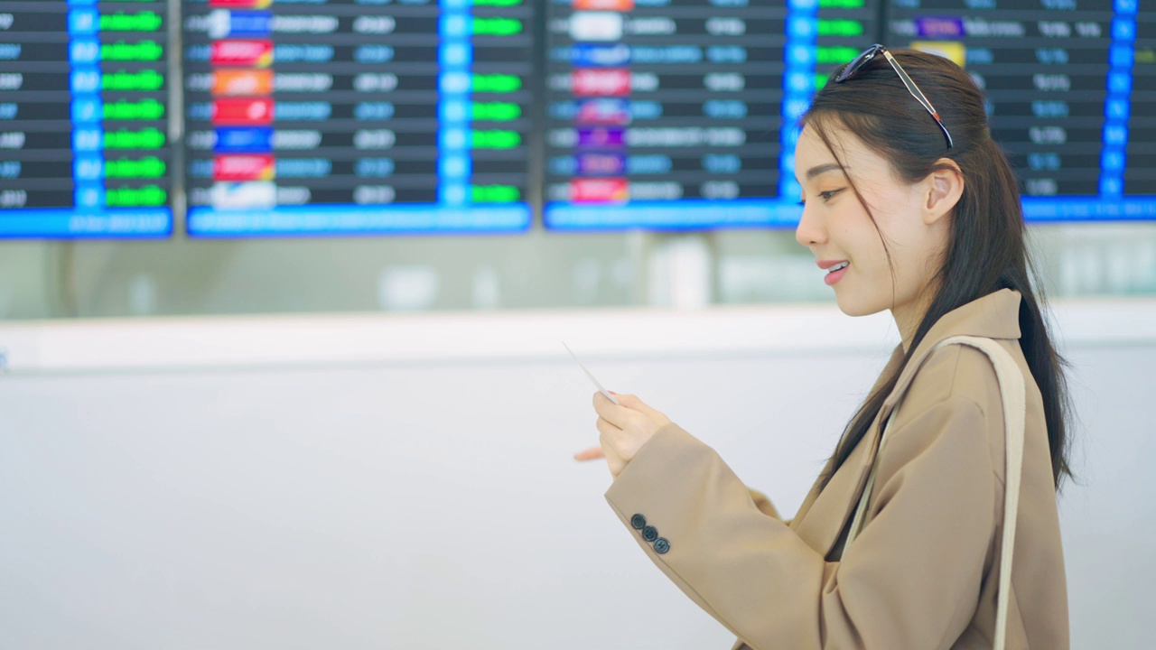 亚洲年轻女乘客在机场检查登机牌。迷人美丽的女游客朋友心情愉快，兴奋地乘飞机出国旅游度假旅行。视频素材