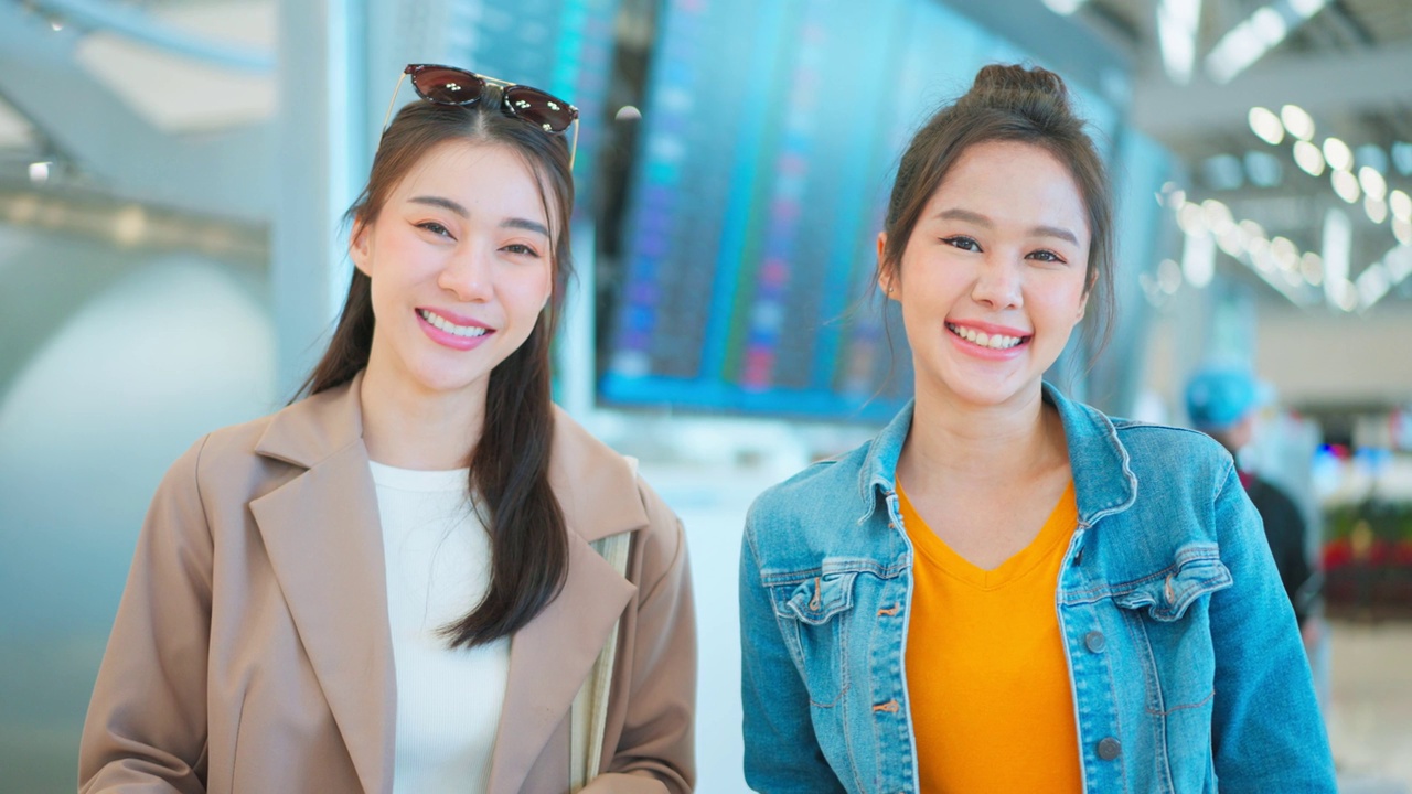 亚裔女性站在机场候机厅的登机口。迷人美丽的女游客旅客感到快乐和兴奋，去国外旅游的飞机假期旅行。视频素材