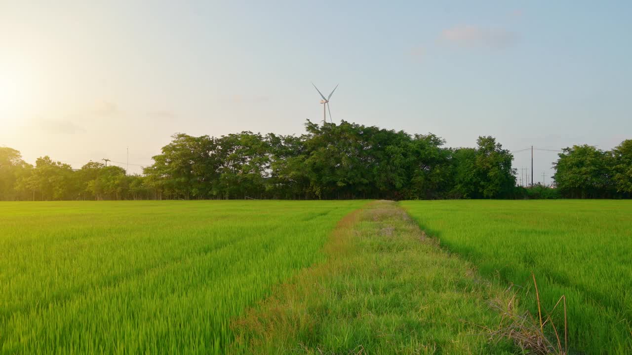 风力涡轮机正在绿色的田野里旋转清洁能源。视频素材