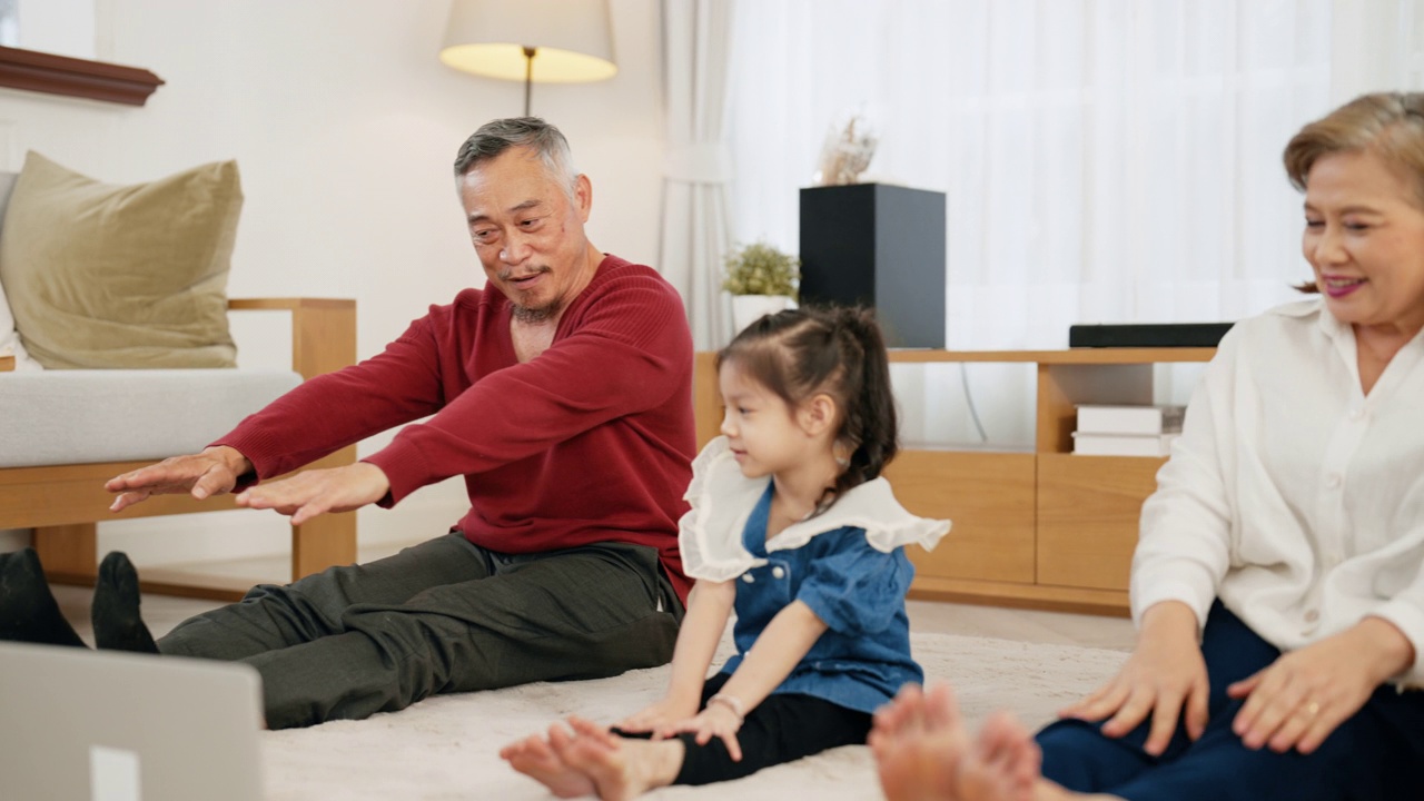 亚洲老人和女孙子正在用笔记本电脑观看网络视频。视频素材