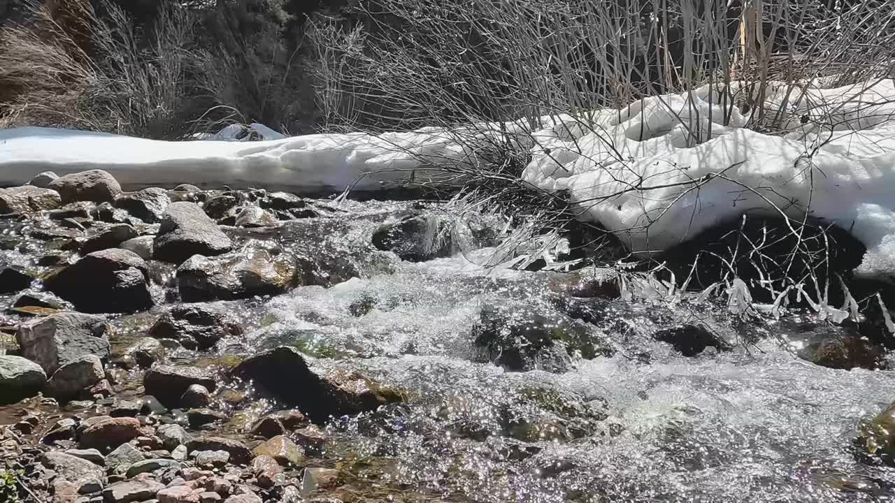 清澈冰冷的山涧水流过石头，映衬着白雪皑皑的海岸视频素材