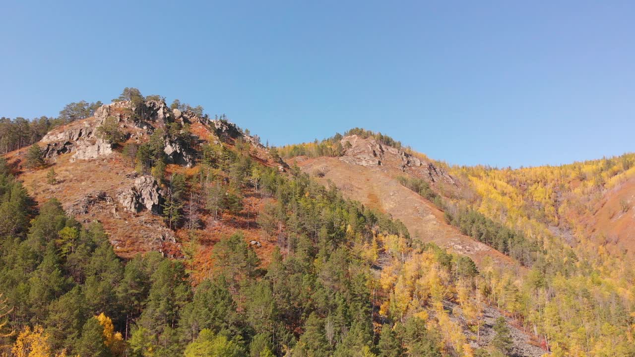 秋天的风景。一座风景如画的山，一片黄色和绿色叶子的彩色森林。视频素材