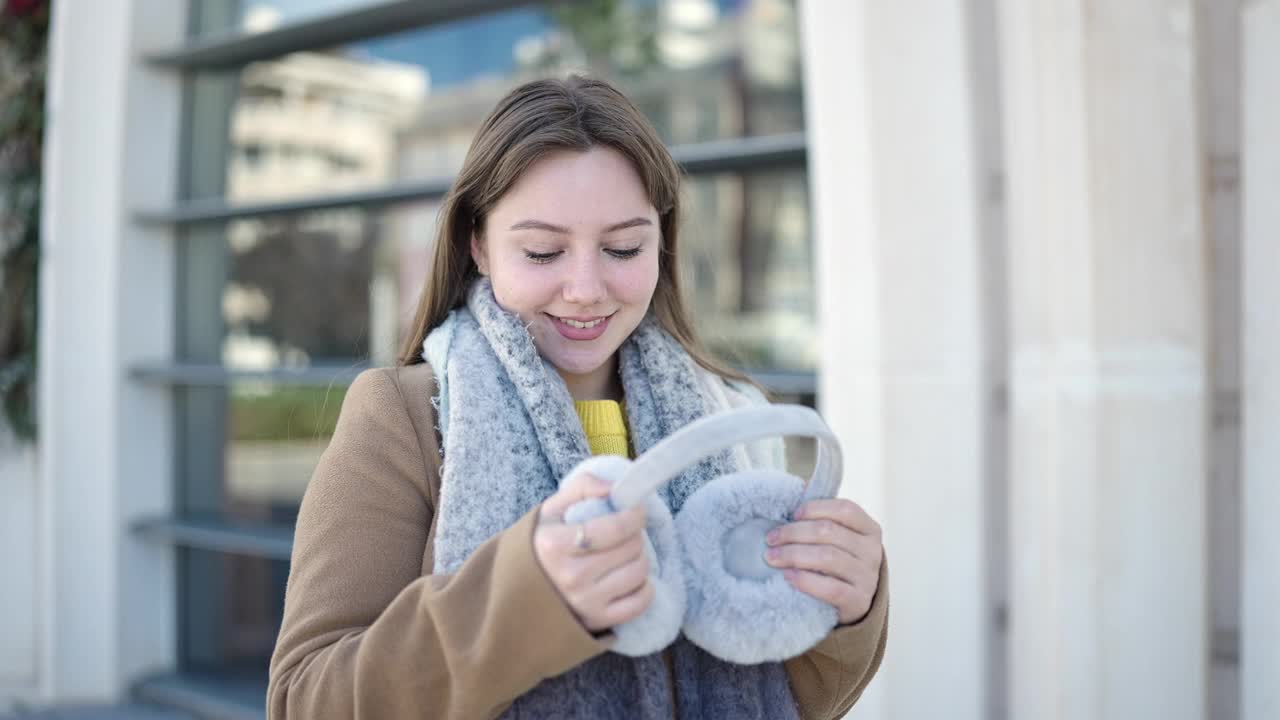 年轻的金发女子戴着耳罩和围巾在街上自信地微笑着视频素材