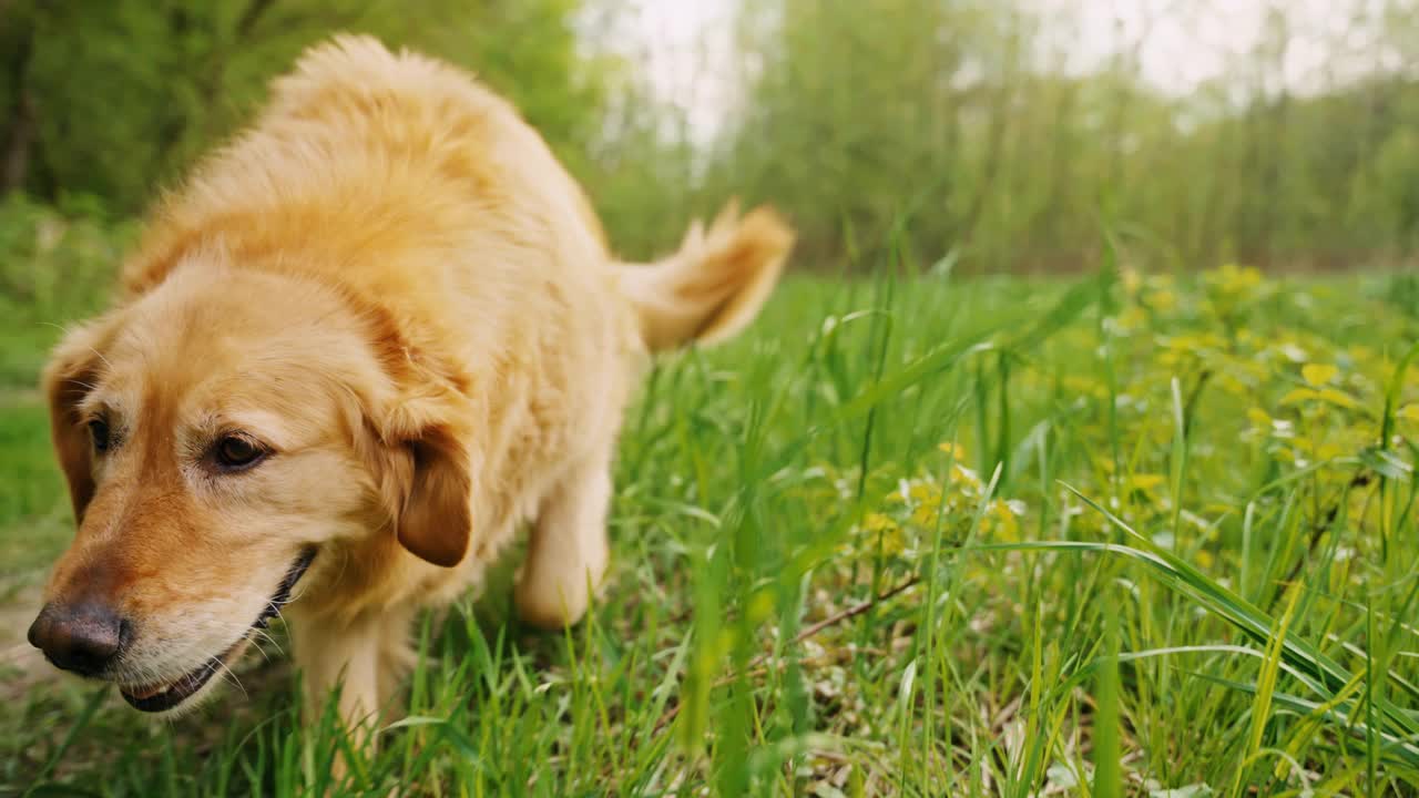 一只金毛猎犬在郁郁葱葱的绿色森林中漫步，凝视着镜头视频素材