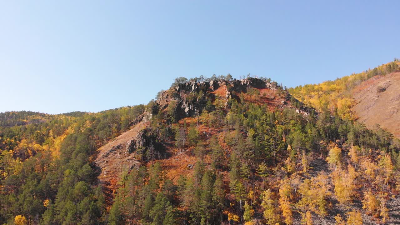 秋天的风景。一座风景如画的山，一片黄色和绿色叶子的彩色森林。视频素材