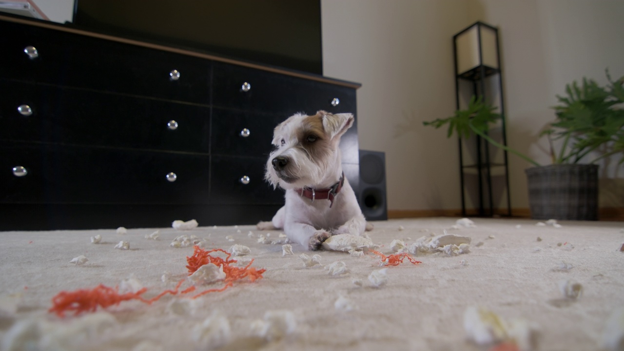 疲惫的家犬杰克罗素梗在家里的地毯上撕毁了一个玩具。坏狗。视频素材