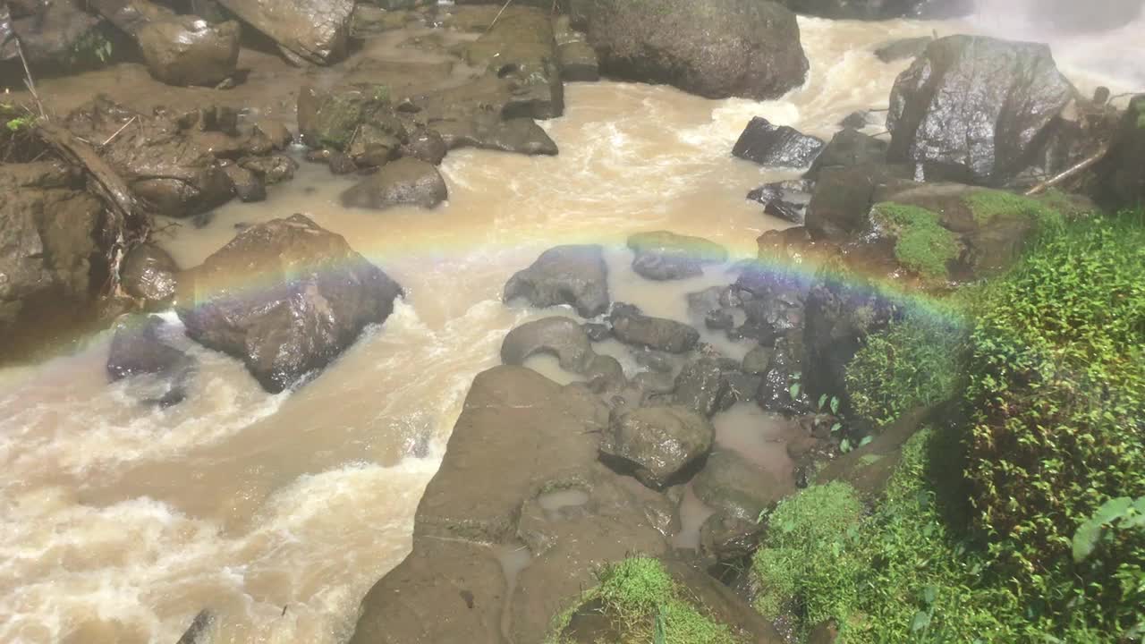 一道彩虹出现在森林里的瀑布上视频下载