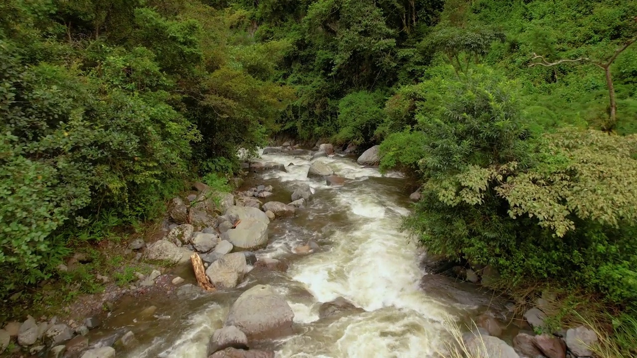 航拍:原始的火山口河在茂密的热带雨林中自由流动视频素材