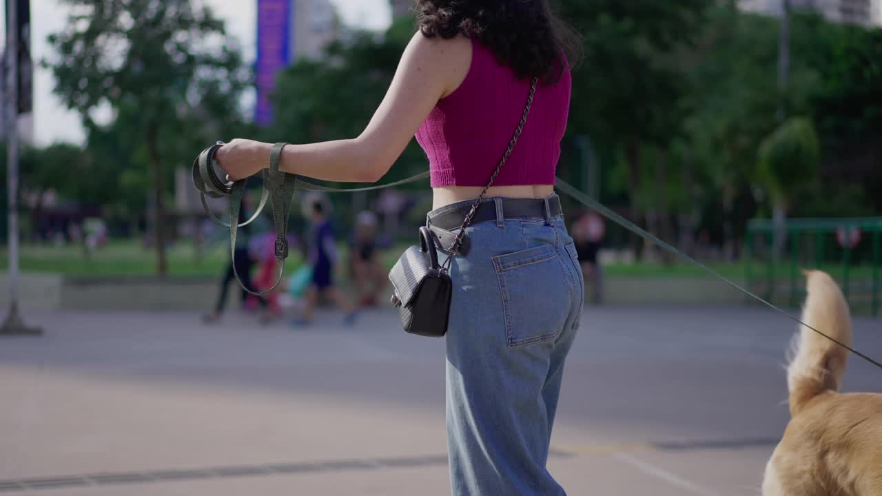 一位女狗主人带着她的金毛猎犬在城市里散步。女人在城市环境中牵着狗的日常生活方式视频素材