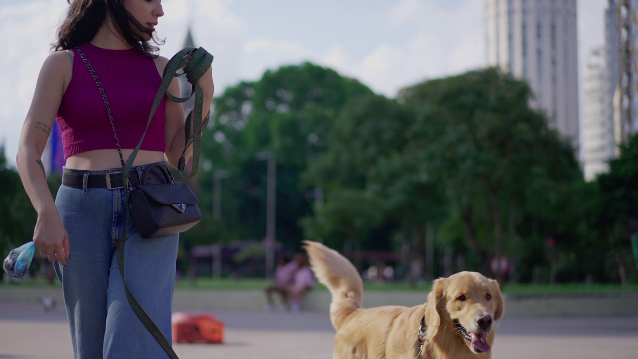 漫步在城市中:一个女人和她心爱的金毛猎犬一起享受他们的日常生活，一个人牵着狗伴侣的皮带，探索城市环境视频素材