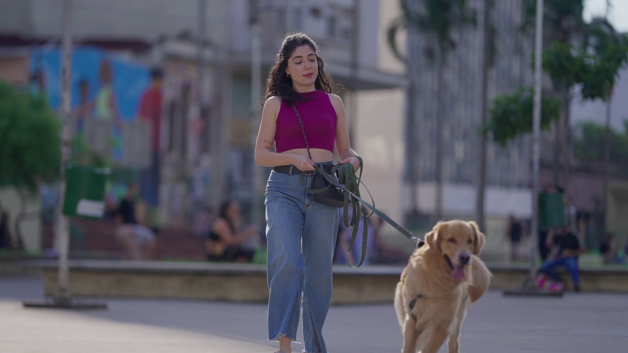 一个女人牵着她的狗在城市里散步。与她的金毛猎犬宠物散步的人的日常生活习惯视频素材