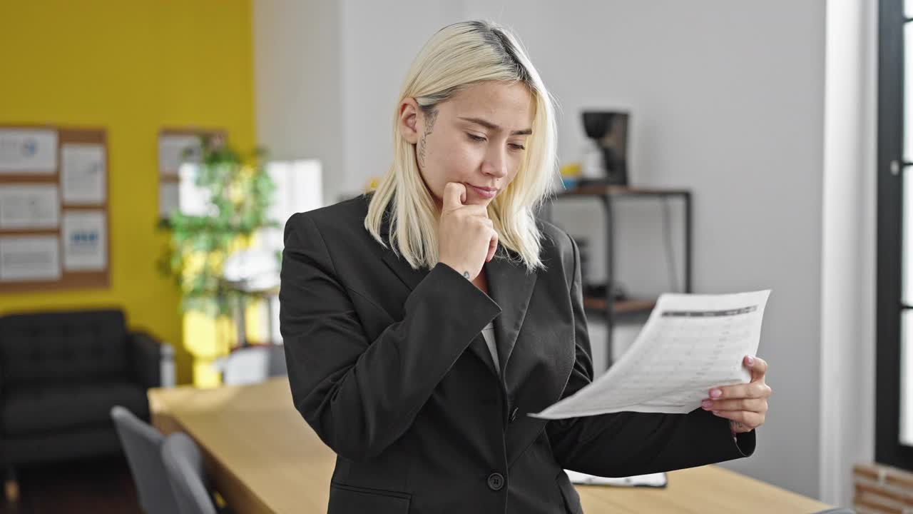 年轻漂亮的西班牙女性商务工作者在办公室阅读文件视频素材