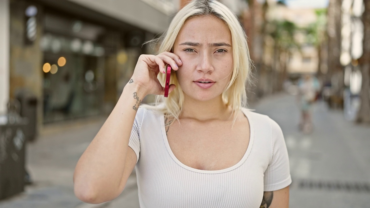 年轻美丽的西班牙女子在街上用智能手机说话，表情严肃视频素材