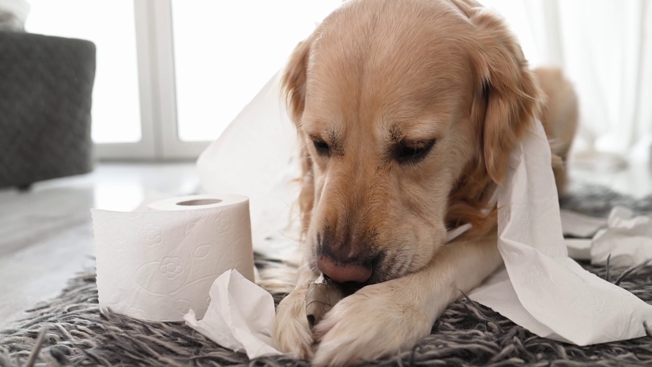 金毛猎犬在玩卫生纸视频素材