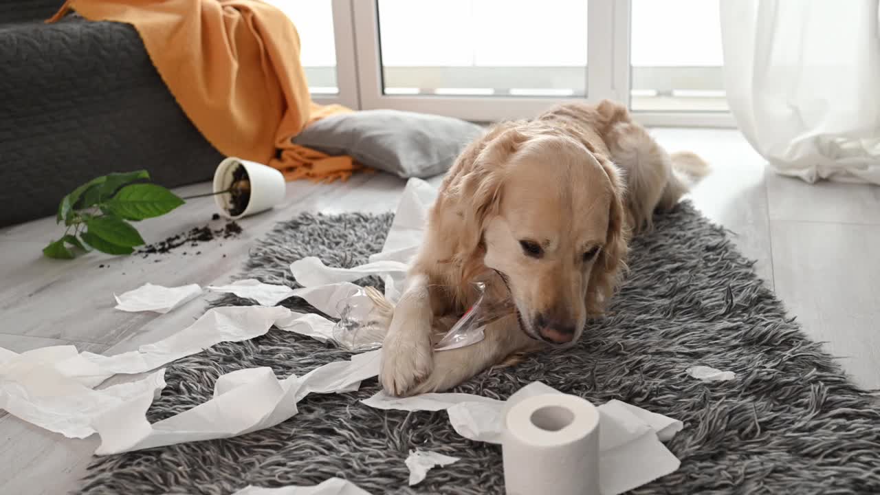 金毛猎犬在玩卫生纸视频素材