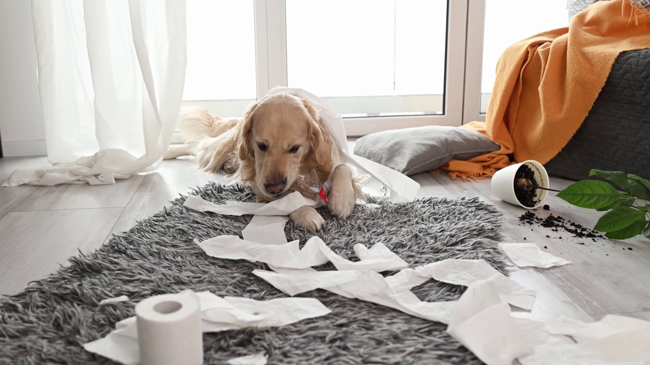 金毛猎犬在玩卫生纸视频素材