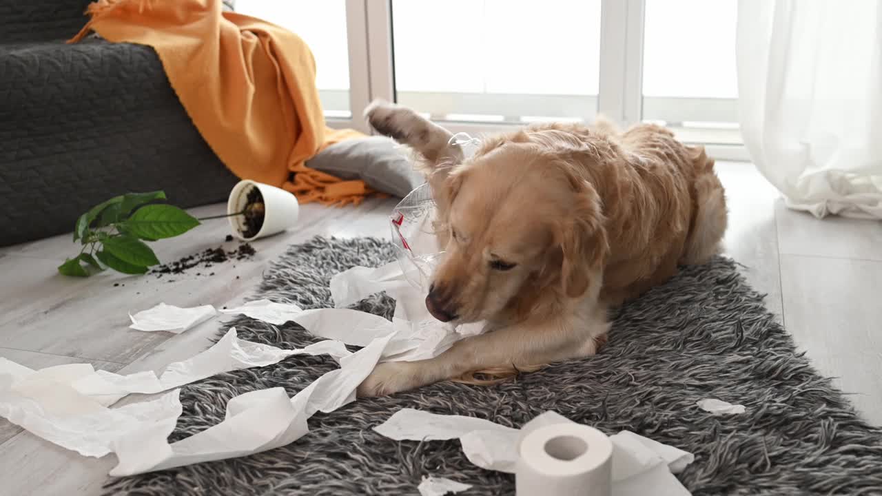 金毛猎犬在玩卫生纸视频素材