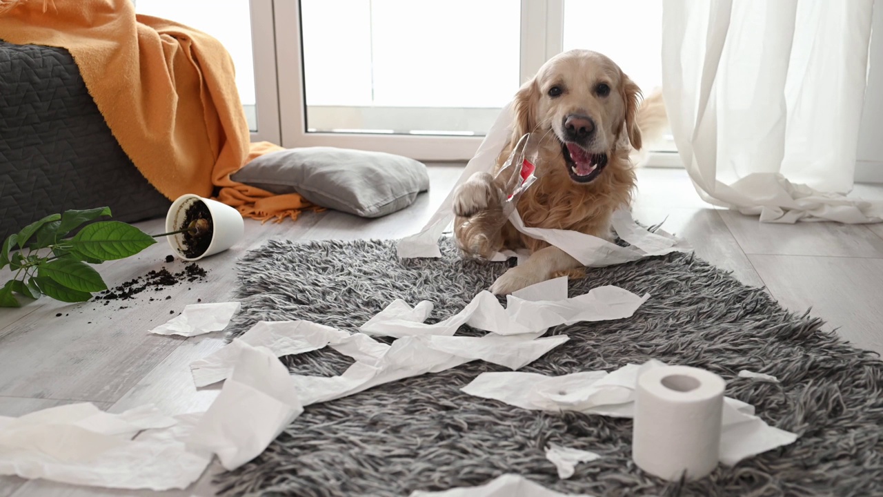 金毛猎犬在玩卫生纸视频素材